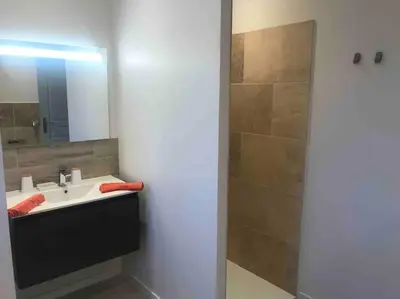 a bathroom with a sink and a shower with a mirror at Imola - Côté Ventoux in Bédoin