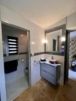 a bathroom with a sink and a shower and a toilet at Maison cottage en Provence, Spa & piscine, pour 4 personnes- Gîtes Les Estelles in Cavaillon