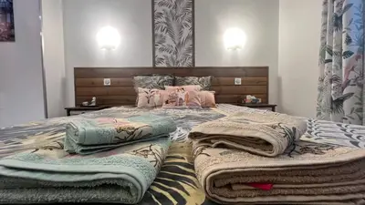 a bedroom with a bed with blankets and pillows on it at Chambres d'hôtes Le Saint Victor - Provence, Vaucluse in Pernes-les-Fontaines