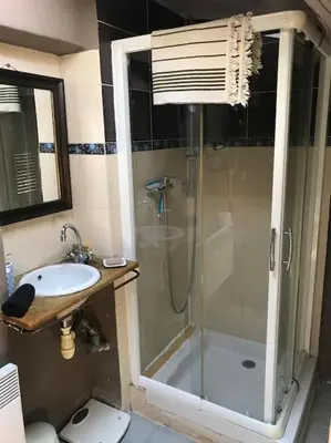 a bathroom with a shower and a toilet and a sink at Maisonnette au pied du Mont Ventoux ste colombe in Bédoin