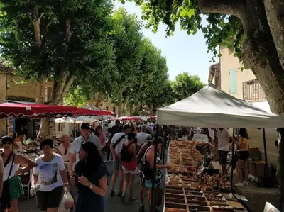 a crowd of people walking around a farmers market at Maisonnette au pied du Mont Ventoux ste colombe in Bédoin