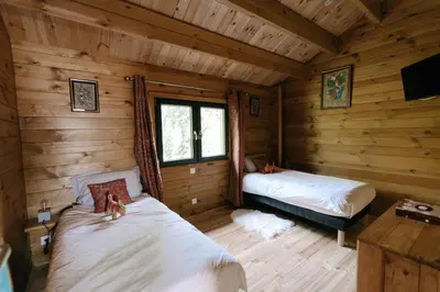 a bedroom with two beds in a log cabin at Charming ecolodge with private access to the river in Le Thor