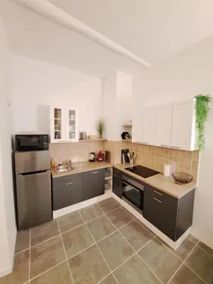 a kitchen with white cabinets and a black refrigerator at Appartement lumineux , Carpentras centre in Carpentras