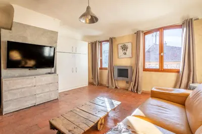 a living room with a couch and a tv at Authentique Appartement Aixois in Aix-en-Provence