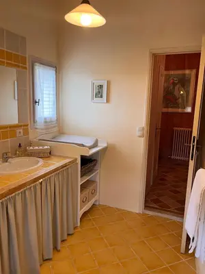 a bathroom with a sink and a counter with a mirror at La Paradisse – exceptional Provençal farmhouse (18th century) in Blauvac