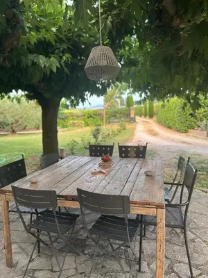 a wooden table with chairs and a chandelier at VILLA DE LA ROQUE in Eygalières