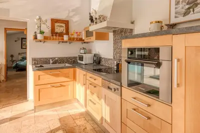 a kitchen with wooden cabinets and stainless steel appliances at LUBERON SOLEIL ET OLIVIERS in Les Taillades