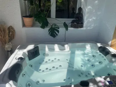 a blue bath tub in a room with a plant at Charming Studio to Venelles 10 minutes from Aix in Venelles