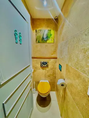 a bathroom with a yellow toilet in a room at Villa entière au calme avec piscine partagée et jardin in Pertuis