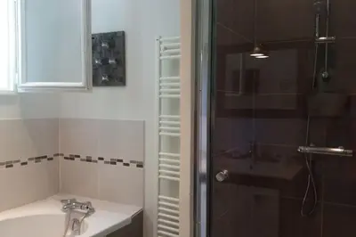 a bathroom with a shower and a sink and a sink at Au goût du miel. Luberon-Provence. in Maubec