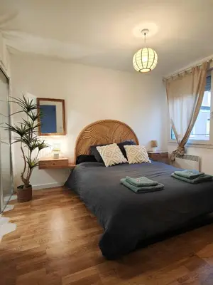 a bedroom with a large bed and a potted plant at Terrasse & Spa dans Aix Hypercentre in Aix-en-Provence