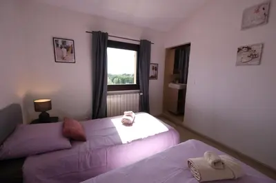 a bedroom with two beds and a window at Provençal farmhouse, Mont Ventoux view, 2 pools (1 heated), Bédoin - 10 people in Bédoin