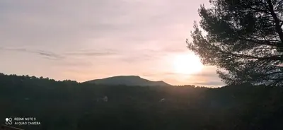 a sunset in the mountains with a tree at LA BASTIDETTE PROVENçALE in Jouques