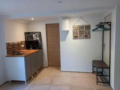 a kitchen with a sink and a microwave at Les Myosotis Cavaillon/Petit Luberon in Cavaillon