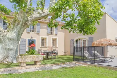 a home with a large tree in the yard at Le Petit Mas Rey in Eyragues