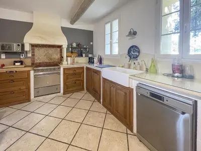 a large kitchen with a sink and a dishwasher at Le Petit Mas Rey in Eyragues
