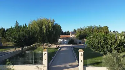 a gate in a park with trees and a road at Le Petit Mas Rey in Eyragues