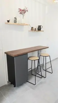 a desk with two stools and a counter with a sink at Appartement design pour 6 pers dans le centre de Salon de Pce - Proche Fontaine Moussue in Salon-de-Provence