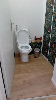 a bathroom with a toilet with a wooden floor at La Collégiale in LʼIsle-sur-la-Sorgue