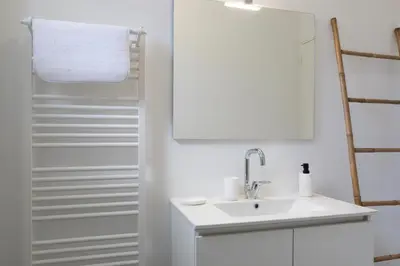 a white bathroom with a sink and a shower at L Orchidée in Mormoiron