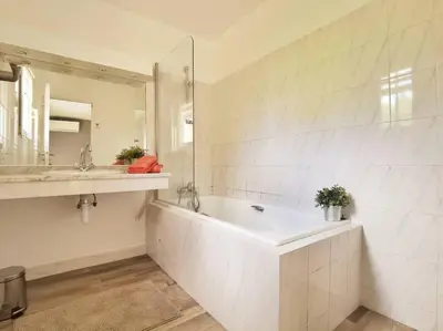 a bathroom with a tub and a sink and a mirror at Les quatre loges - joli t2 jardinet et parking *3 in Aix-en-Provence