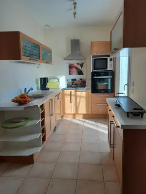 a large kitchen with wooden cabinets and appliances at Sud luberon in Ansouis