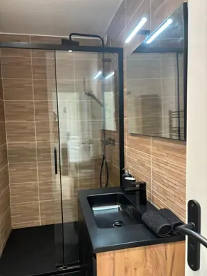 a bathroom with a sink and a glass shower at Havre de paix au sein d'un T3 d'une bastide aixoise in Aix-en-Provence