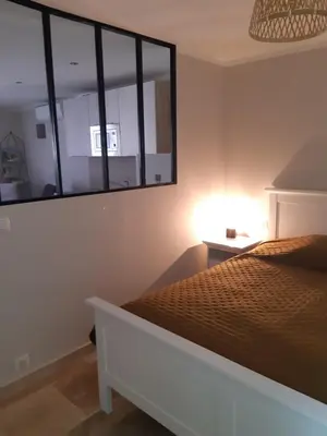 a bedroom with a bed and a large mirror at Le gîte d'églantine in Eyguières