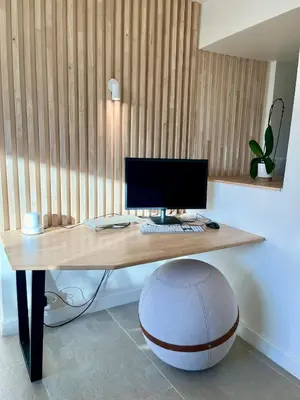 a desk with a computer monitor and a basketball on it at La Maison Jaune, une expérience inoubliable in Villes-sur-Auzon