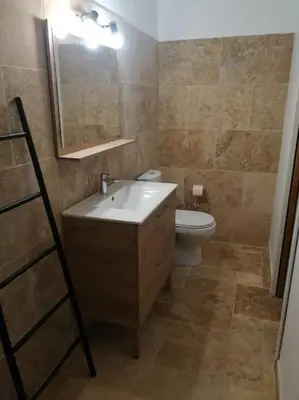 a bathroom with a sink and a toilet and a mirror at Joli studio calme et moderne in Pertuis