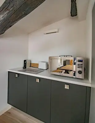 a microwave sitting on top of a kitchen counter at Moderne et lumineux - clim - wifi in Aix-en-Provence