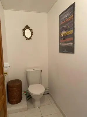 a bathroom with a toilet and a mirror on the wall at T3 avec jardin et piscine privée in Velaux