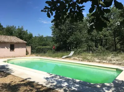 a green swimming pool with a chair in a yard at Luberon : maison près de Joucas et Gordes in Joucas