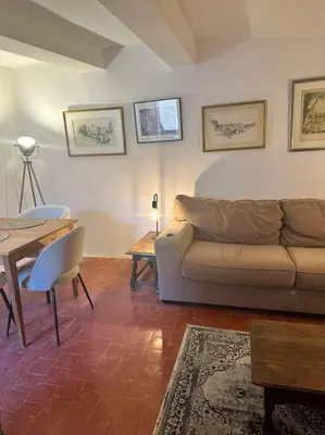 a living room with a couch and a table at Appartement centre village in Roussillon
