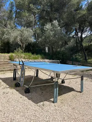 a blue ping pong table sitting on top of gravel at Superbe maison avec jacuzzi in Ventabren
