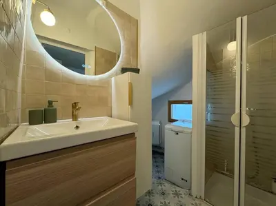 a bathroom with a sink and a mirror and a shower at Les Bouteilles - 1 chambre hyper centre - 6p - Wifi in Aix-en-Provence
