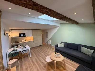 a living room with a couch and a table at Les Bouteilles - 1 chambre hyper centre - 6p - Wifi in Aix-en-Provence
