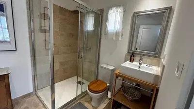 a bathroom with a shower and a toilet and a sink at La Bergerie des Pottiers. Mas rénové climatisation Piscine in Crillon-le-Brave