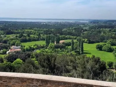 a view of a lush green field and trees at Maison l’Oustaou Cornillonnais in Cornillon-Confoux