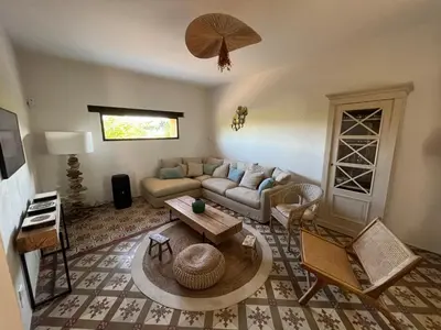 a living room with a couch and a table at Le Mas de Bonnety - Magnifique mas 12 personnes au Pied du Mont Ventoux in Saint-Pierre-de-Vassols