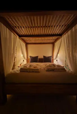 a bedroom with a large bed with a wooden ceiling at Le Cocoon - Jacuzzi, Sauna et Piscine privée in Carpentras