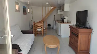 a living room with a couch and a tv at Location au cœur du Luberon 2 personnes in Saint-Saturnin-les-Apt