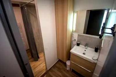 a small bathroom with a sink and a shower at Appartement moderne à Avignon avec piscine partagée in Avignon