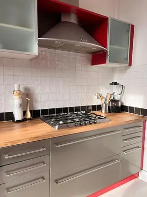 a kitchen with stainless steel appliances and red cabinets at Le l'islois- Park&Piscine in LʼIsle-sur-la-Sorgue