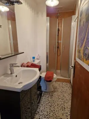a bathroom with a sink and a toilet and a shower at Gîte Le Val des Fées classés deux étoiles in Roussillon
