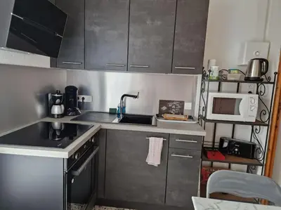a small kitchen with a sink and a microwave at Gîte Le Val des Fées classés deux étoiles in Roussillon
