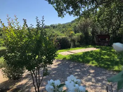 a garden with a bunch of flowers and stairs at La Bastide de Mauragne - Gîte Les Pivoines in Apt