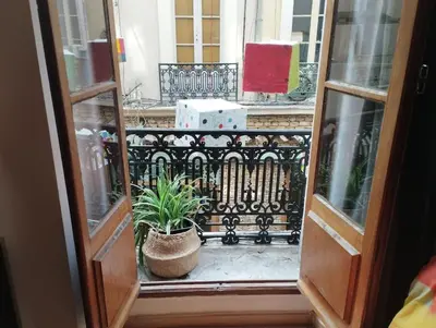a window view of a balcony with a plant at Appartement en plein centre. in Carpentras