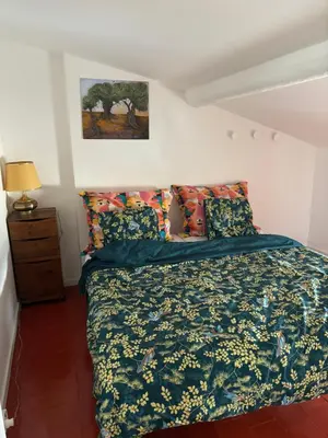 a bedroom with a bed with a green comforter at plein coeur de BANON in Banon