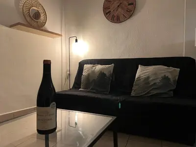 a living room with a table with a wooden bowl on it at Studio cœur de ville avec salle de bain privative & kitchenette in Carpentras